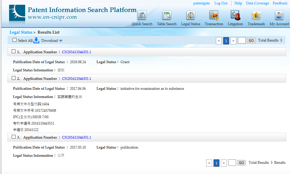 Rechtsstand einer CN-Anmeldung bei CNIPR Rechtsstand einer CN-Anmeldung bei CNIPR