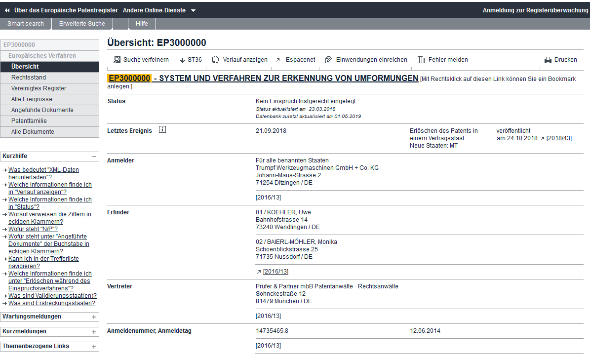 Europäisches Patentregister – Übersicht Europäisches Patentregister – Übersicht