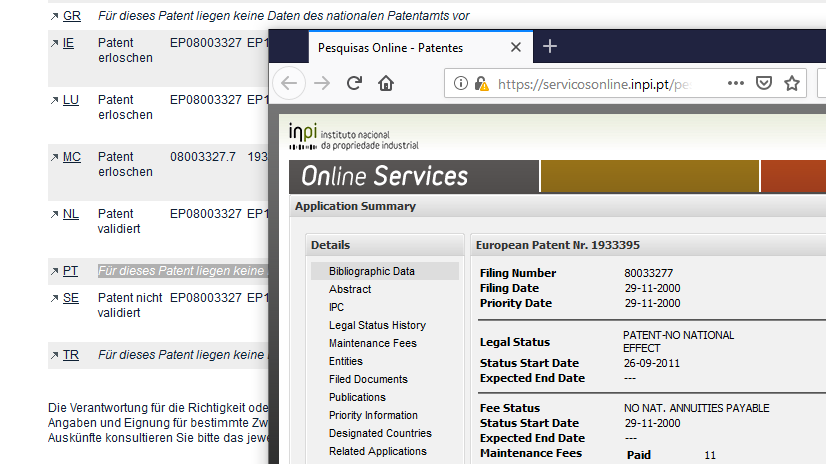 Register von INPI Portugal, wo im Vereinigten Register keine Daten vorliegen Register von INPI Portugal, wo im Vereinigten Register keine Daten vorliegen