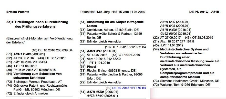 Ausschnitt aus dem deutschen Patentblatt vom 11.04.2019 Ausschnitt aus dem deutschen Patentblatt vom 11.04.2019