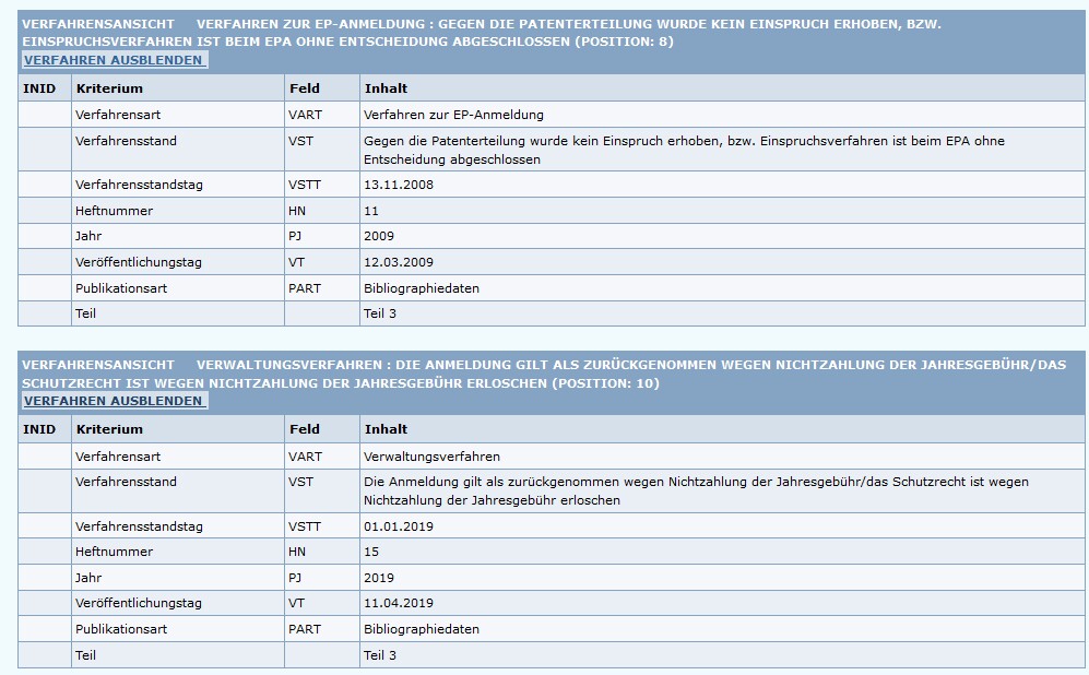DPMARegister – Detailansicht Verfahrensstand DPMARegister – Detailansicht Verfahrensstand