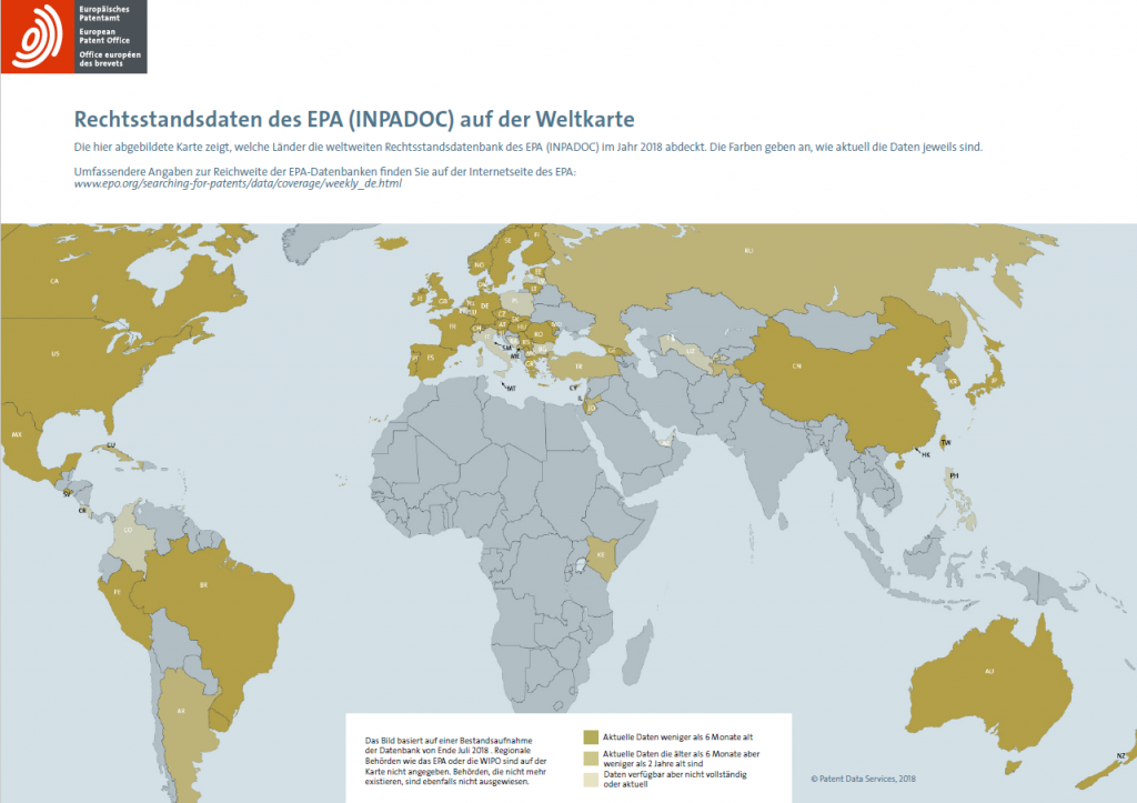 Weltkarte INPADOC-Rechtsstandsdaten des EPA
