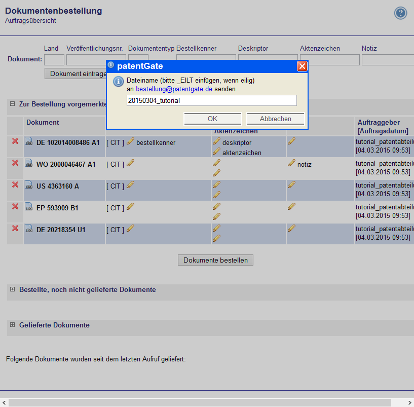 Screenshot zubestellende Dokumente
