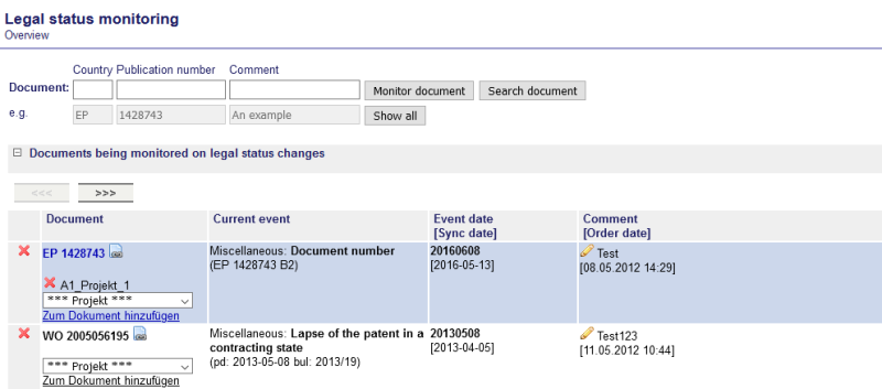 Screenshot Legal status monitoring - Search